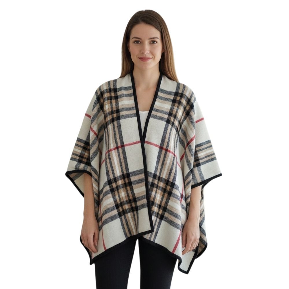 Charter Club Tan Exploded Plaid Poncho Cape One Size SOFT Brown Black Cream
